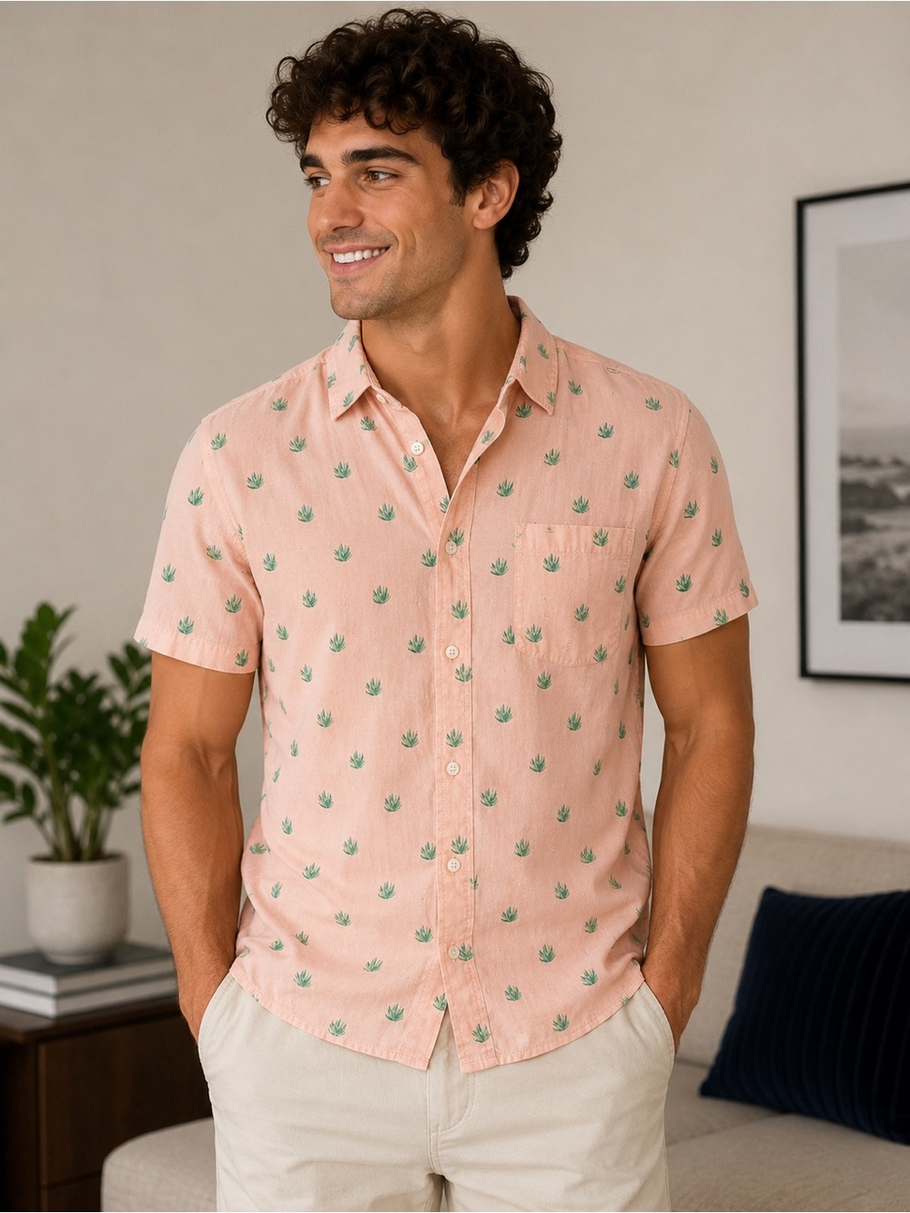 Falls Creek Men's Peach Short-Sleeve Button-Up Shirt with Cactus